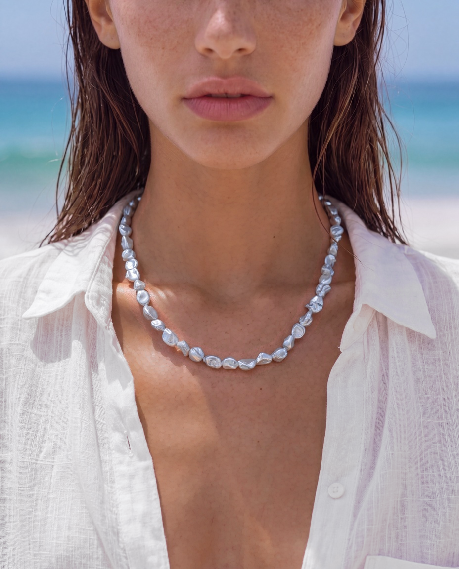 Blue Nacre Loop Necklace worn by model