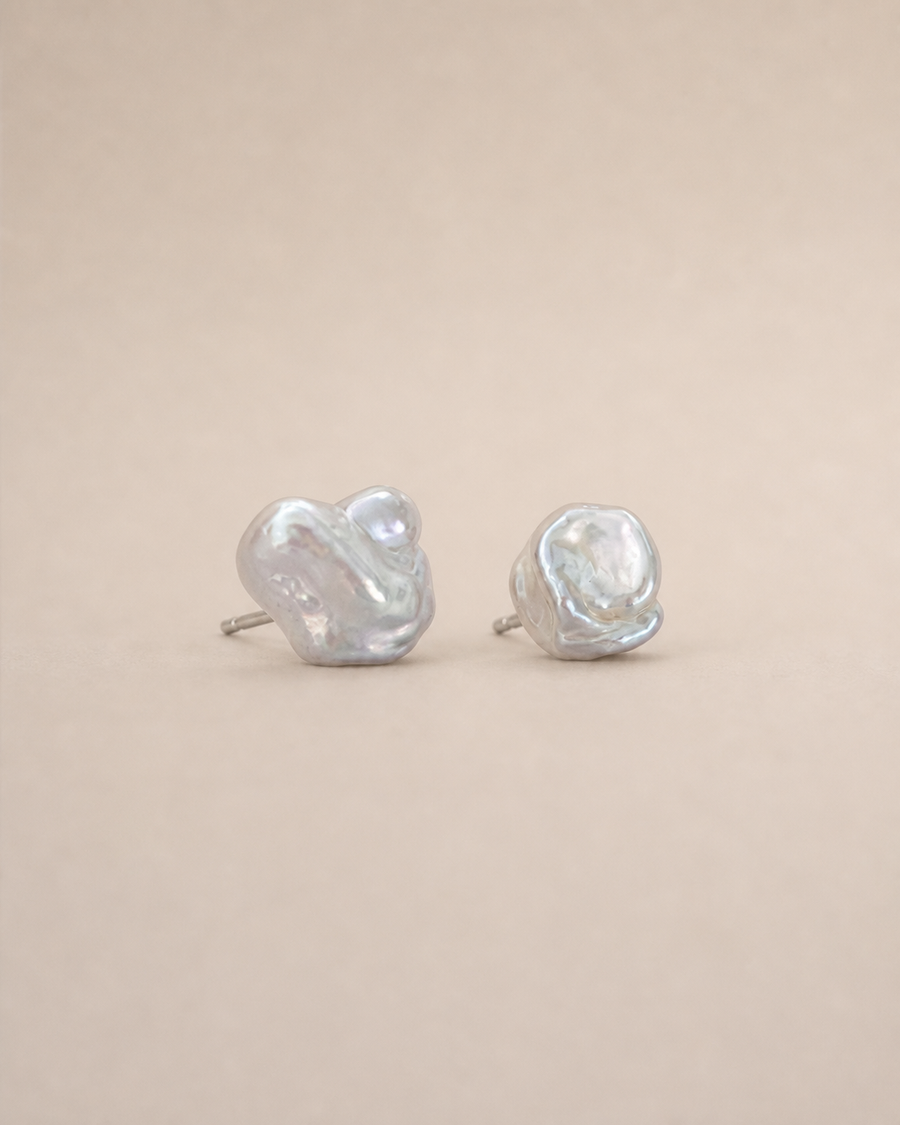 Mist Keshi Pearl Studs on a warm greige background